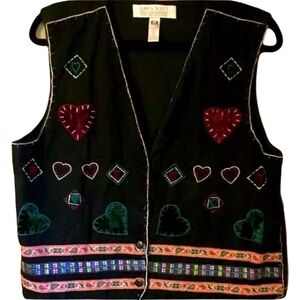 Karen Scott Large Vest Womens Velvet Embroirdered Hearts Green Red Christmas